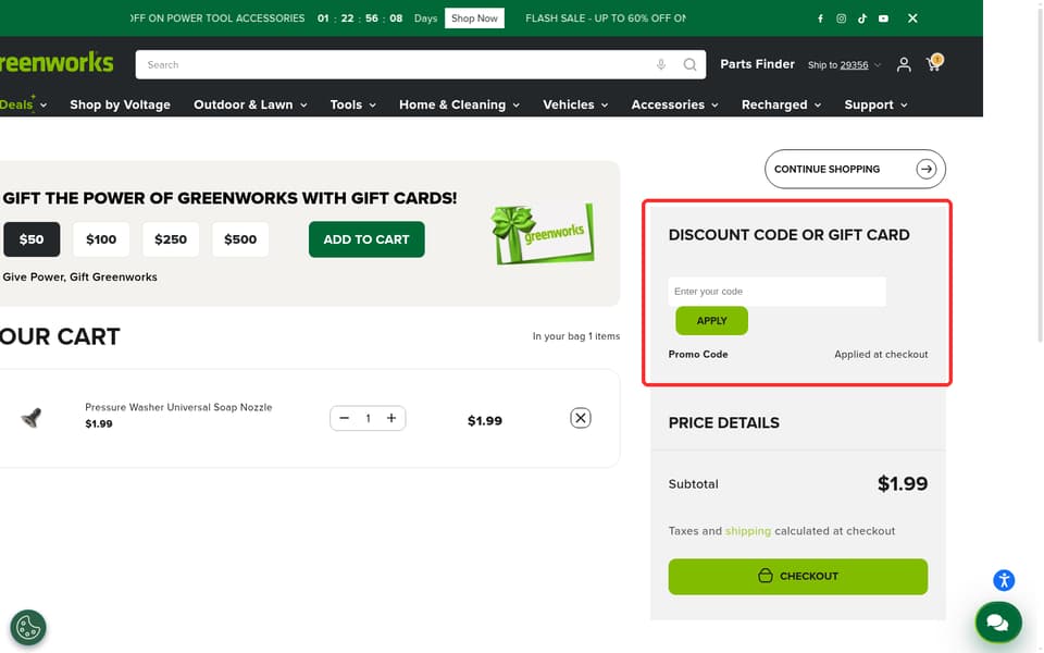 Greenworks checkout page showing the Enter your code field and Apply button