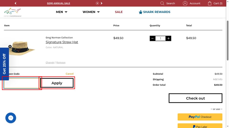 Greg Norman Collection checkout page showing the Enter your coupon code field and Apply button