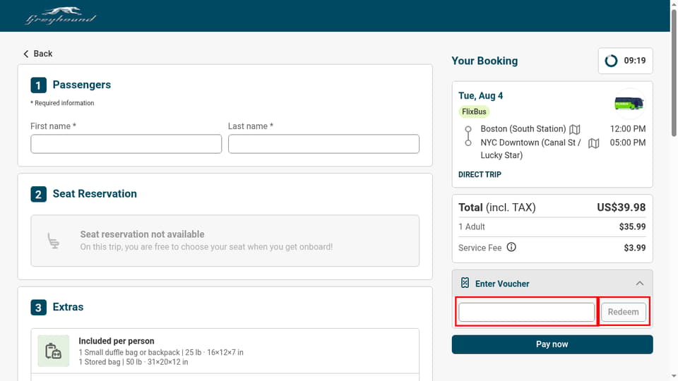 Greyhound checkout page showing the Enter Voucher field and Redeem button