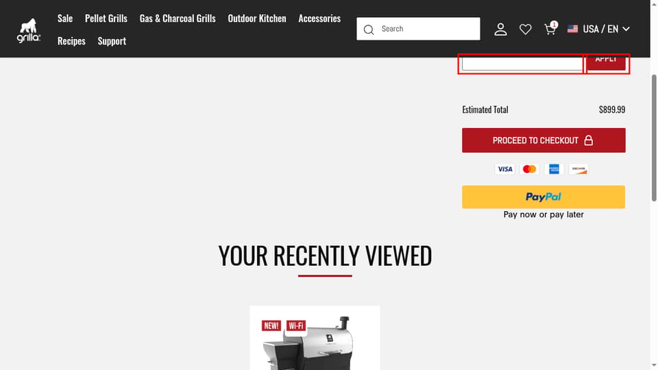 Grilla Grills checkout page showing the Promo Code field and Apply button