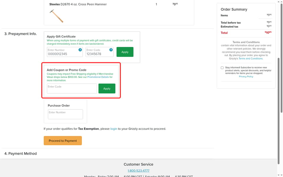 Grizzly Industrial checkout page showing the Enter Code field and Apply button