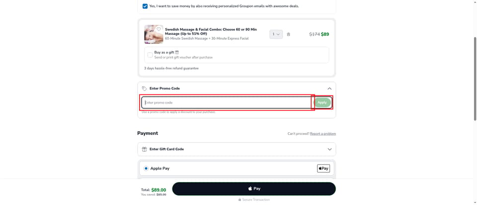 Groupon checkout page showing the 