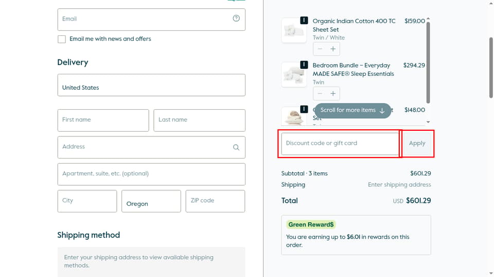 Grove Collaborative checkout page showing the Discount code or gift card field and Apply button