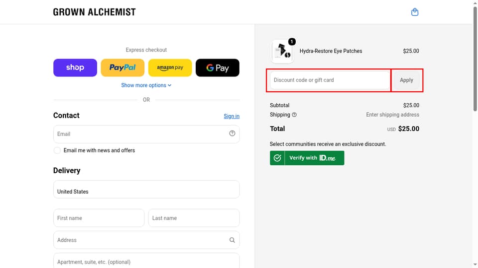 Grown Alchemist checkout page showing the Discount code or gift card field and Apply button