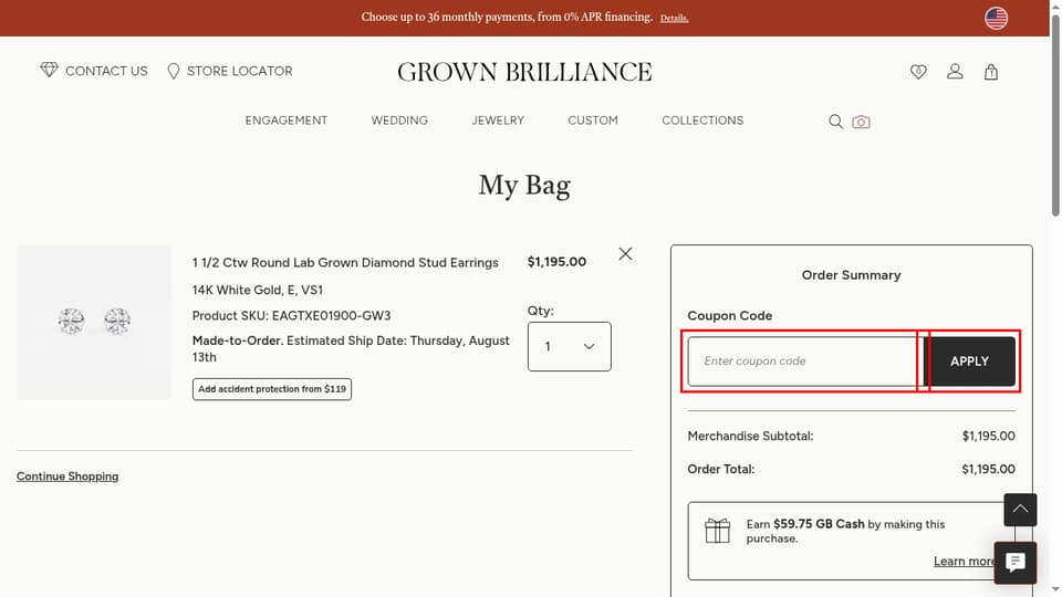 Grown Brilliance checkout page showing the Enter coupon code field and Apply button