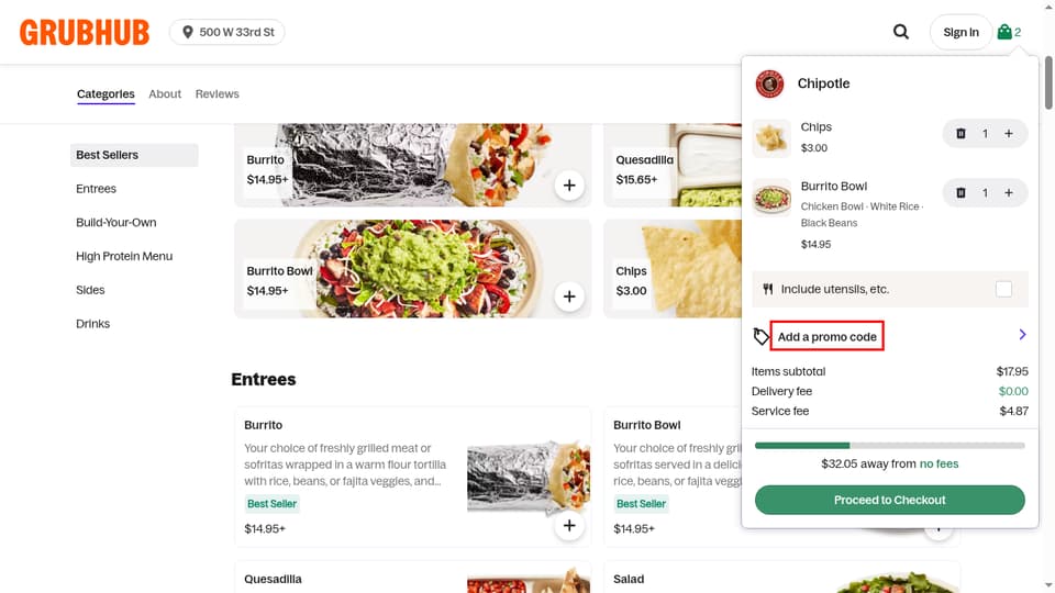 Grubhub checkout page showing the Promo code field and Apply button