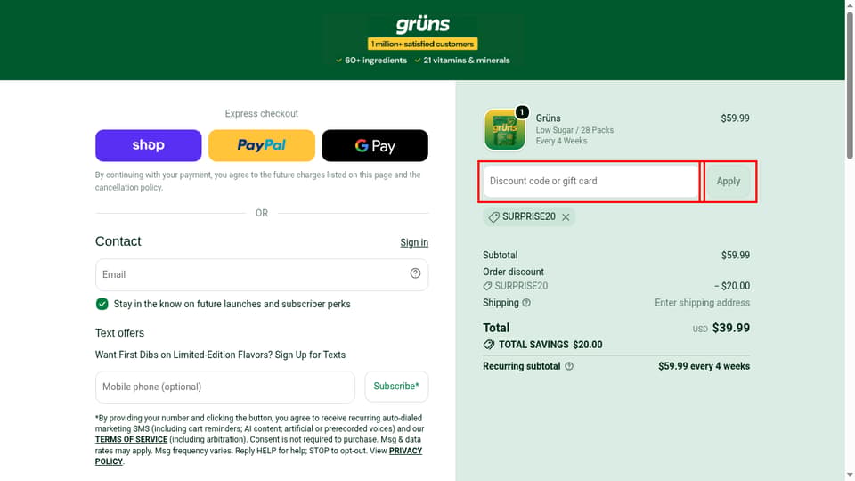 Grüns checkout page showing the Discount code or gift card field and Apply button