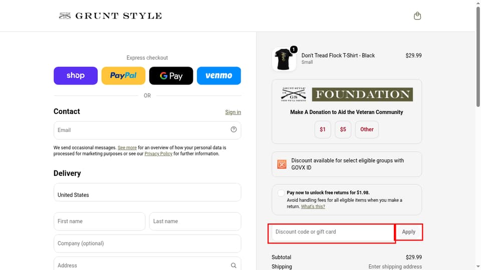 Grunt Style checkout page showing the Discount code or gift card field and Apply button