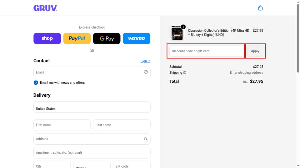 GRUV checkout page showing the Discount code or gift card field and Apply button