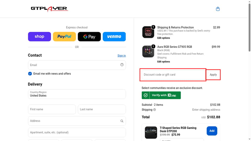 GTPLAYER checkout page showing the Discount code or gift card field and Apply button