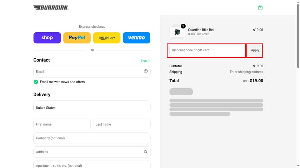 Guardian Bikes checkout page showing the Discount code or gift card field and Apply button