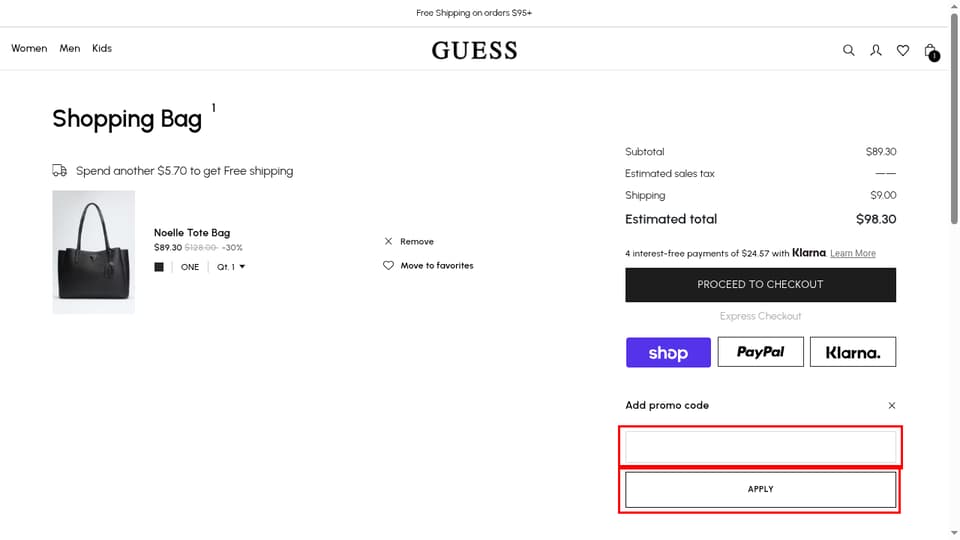 GUESS checkout page showing the Enter Promotion Code field and Apply button