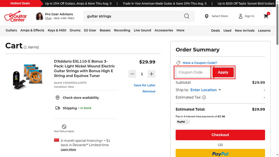Guitar Center checkout page showing the Coupon Code field and Apply button