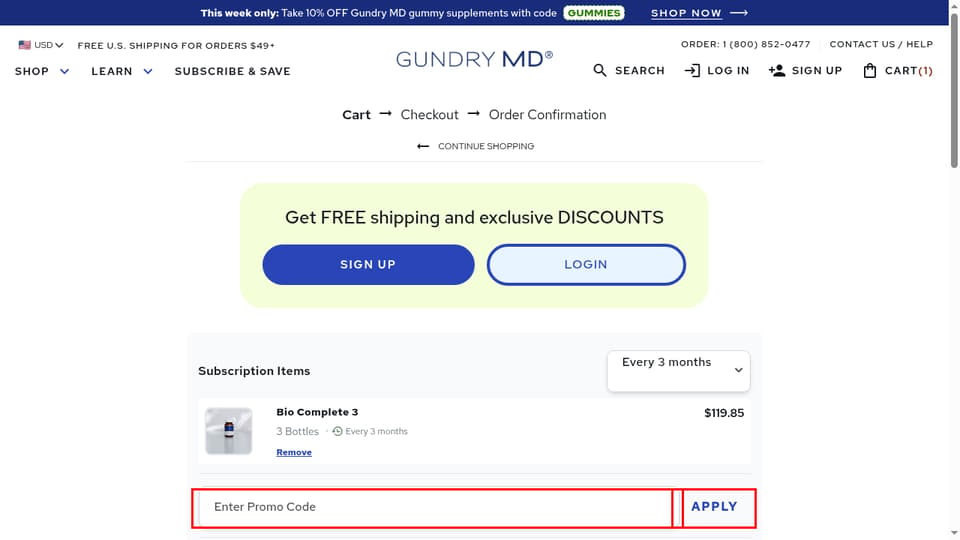 Gundry MD checkout page showing the Enter Promo Code field and Apply button