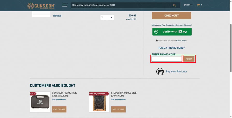 Guns.com checkout page showing the 