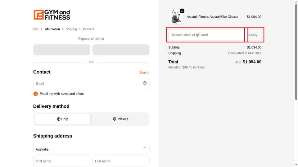 Gym and Fitness checkout page showing the Discount code or gift card field and Apply button