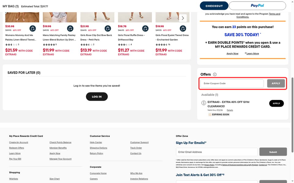 Gymboree checkout page showing the Enter Coupon Code field and APPLY button