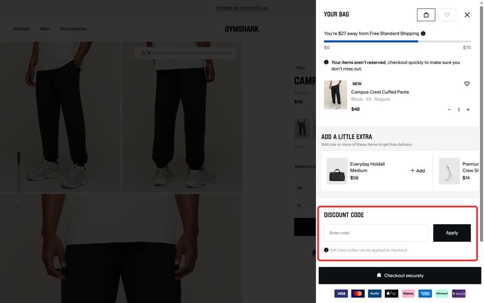 Gymshark checkout page showing the Enter code field and Apply button