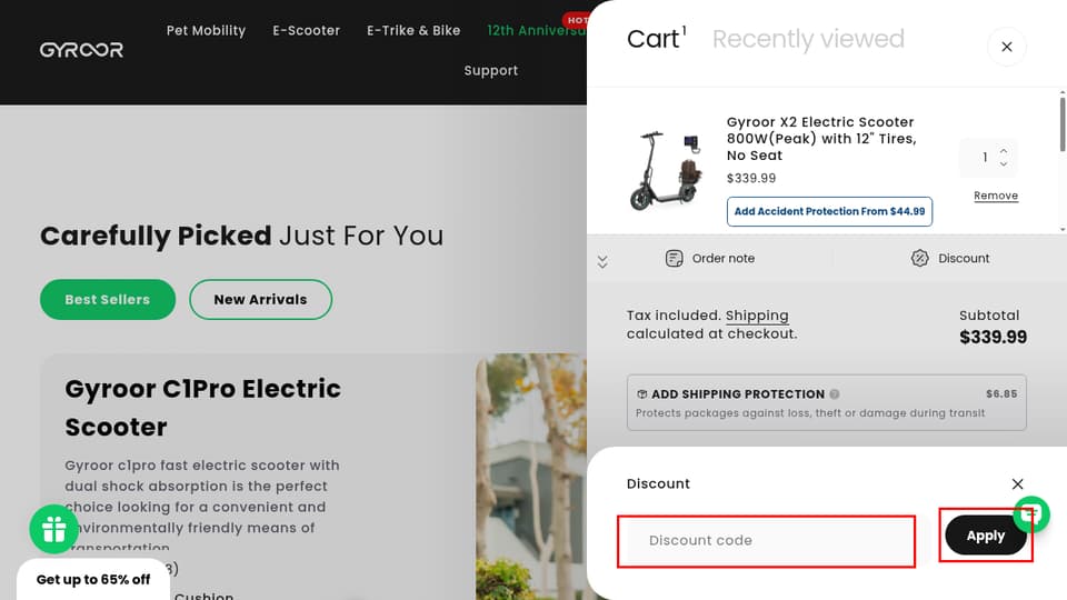 GYROOR checkout page showing the Discount code field and Apply button