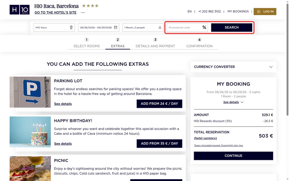 H10 Hotels checkout page showing the Promotional code field and SEARCH button