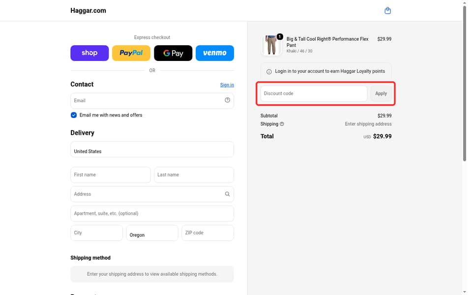 Haggar checkout page showing the Discount code field and Apply button
