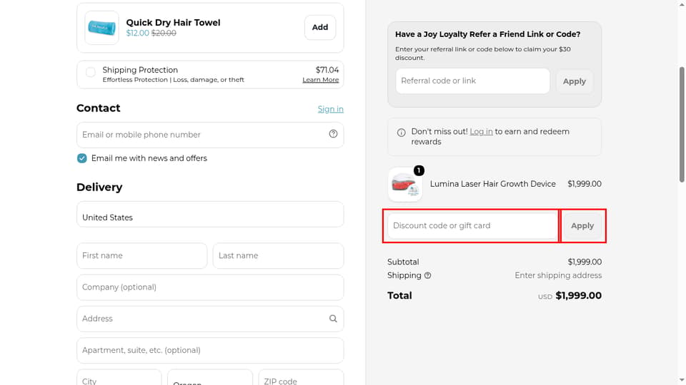 Hairmax checkout page showing the Discount code or gift card field and Apply button