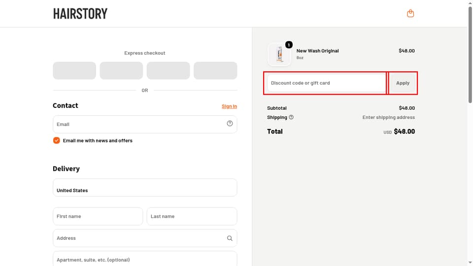 Hairstory checkout page showing the Discount code or gift card field and Apply button