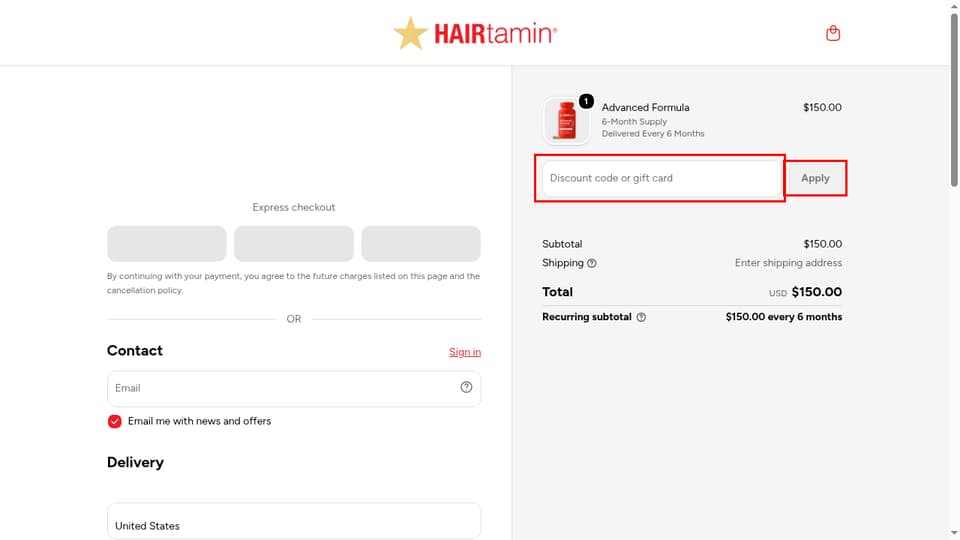 HAIRtamin checkout page showing the Discount code or gift card field and Apply button