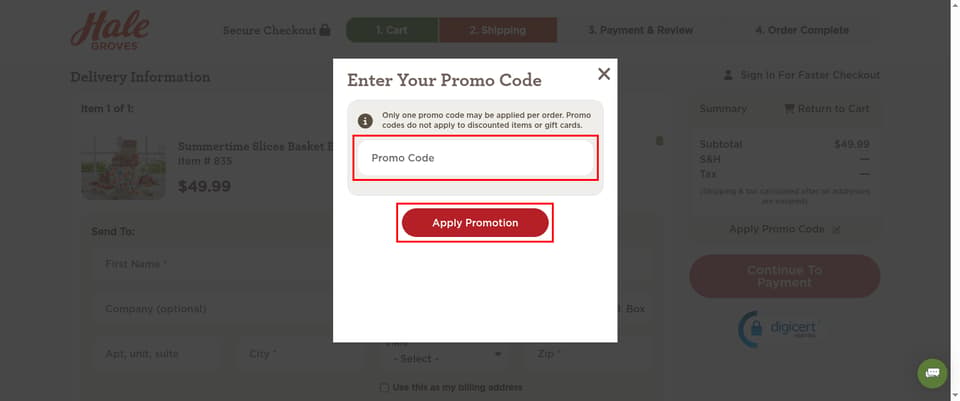 Hale Groves checkout page showing the 