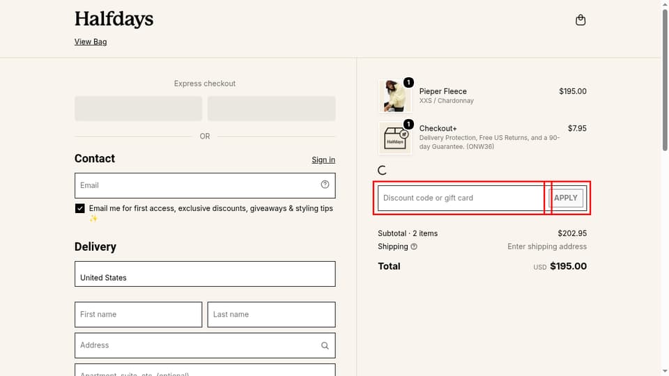 Halfdays checkout page showing the Discount code or gift card field and APPLY button