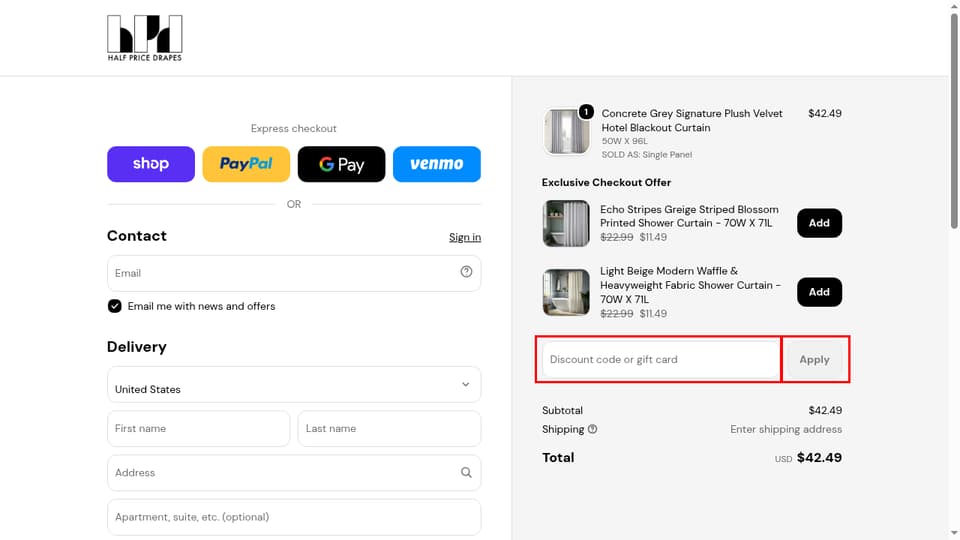 Half Price Drapes checkout page showing the Discount code or gift card field and Apply button