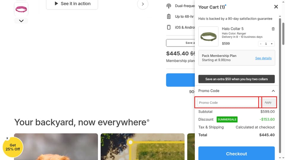 Halo Collar checkout page showing the Promo Code field and Apply button