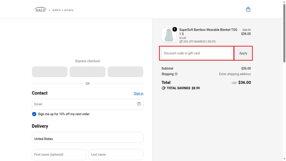 HALO checkout page showing the Discount code or gift card field and Apply button