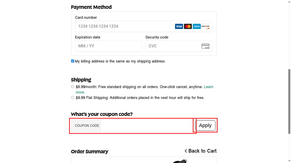 Hammacher Schlemmer checkout page showing the Coupon Code field and Apply button