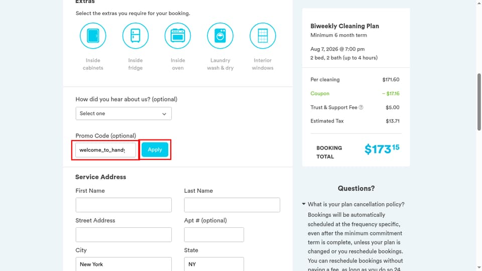 Handy checkout page showing the Promo Code (optional) field and Apply button