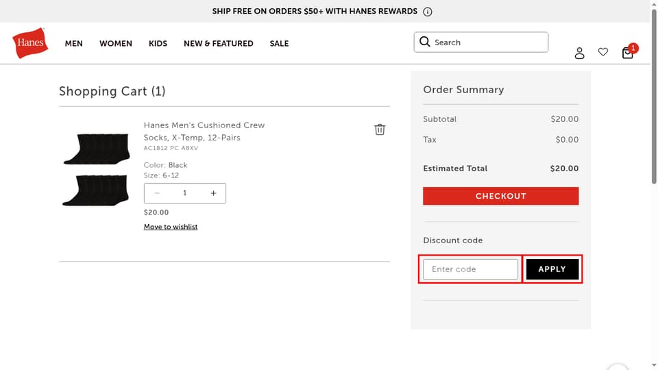 Hanes checkout page showing the Enter code field and Apply button
