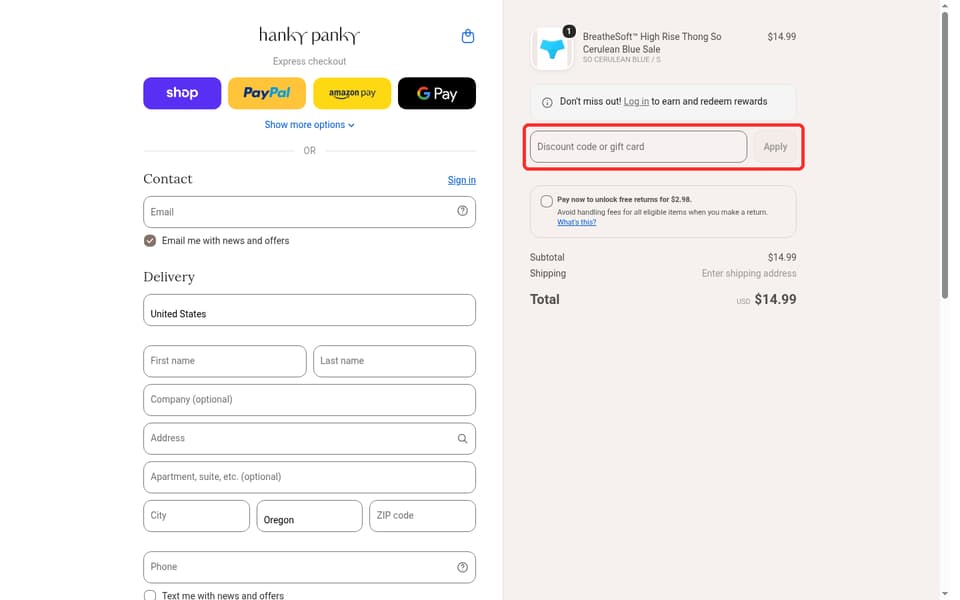 Hanky Panky checkout page showing the Discount code or gift card field and Apply button