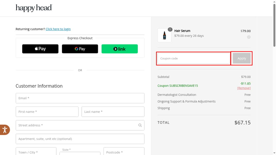 Happy Head checkout page showing the Coupon code field and Apply button