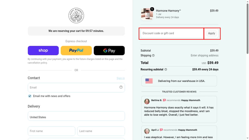 Happy Mammoth checkout page showing the Discount code or gift card field and Apply button