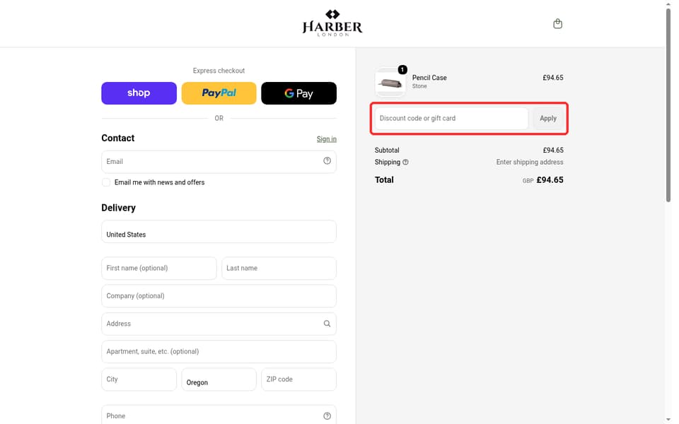 Harber London checkout page showing the Discount code or gift card field and Apply button
