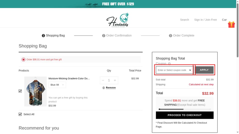 Hardaddy checkout page showing the Enter or Select coupon code field and APPLY button