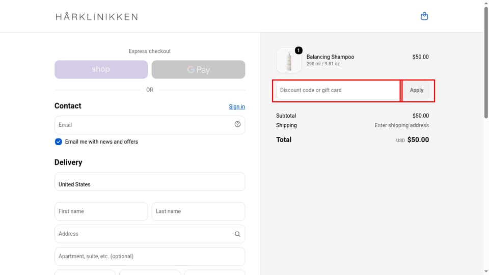 Harklinikken checkout page showing the Discount code or gift card field and Apply button