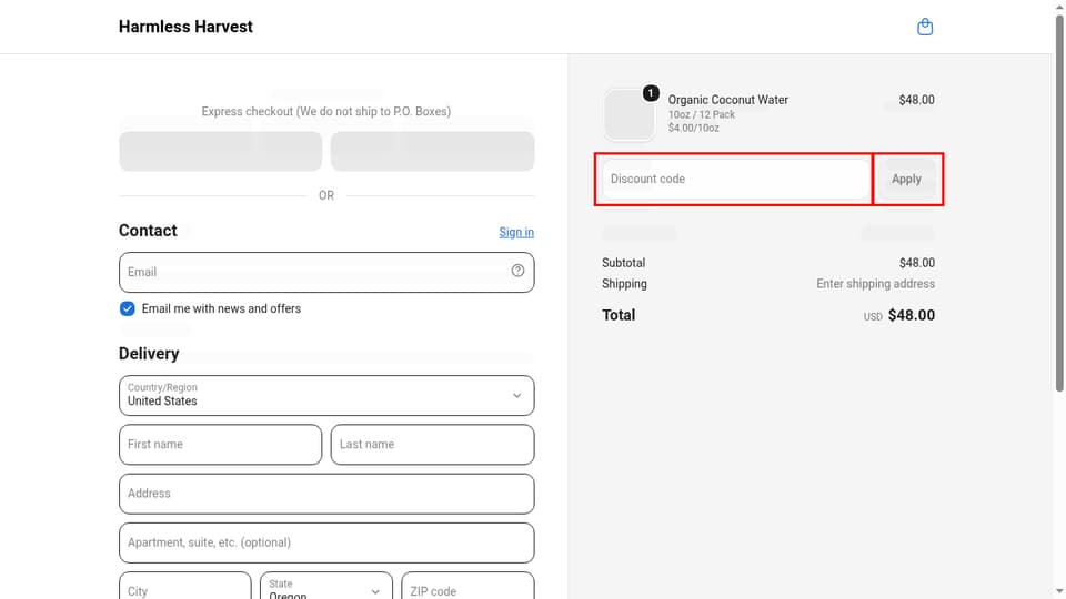 Harmless Harvest checkout page showing the Discount code field and Apply button