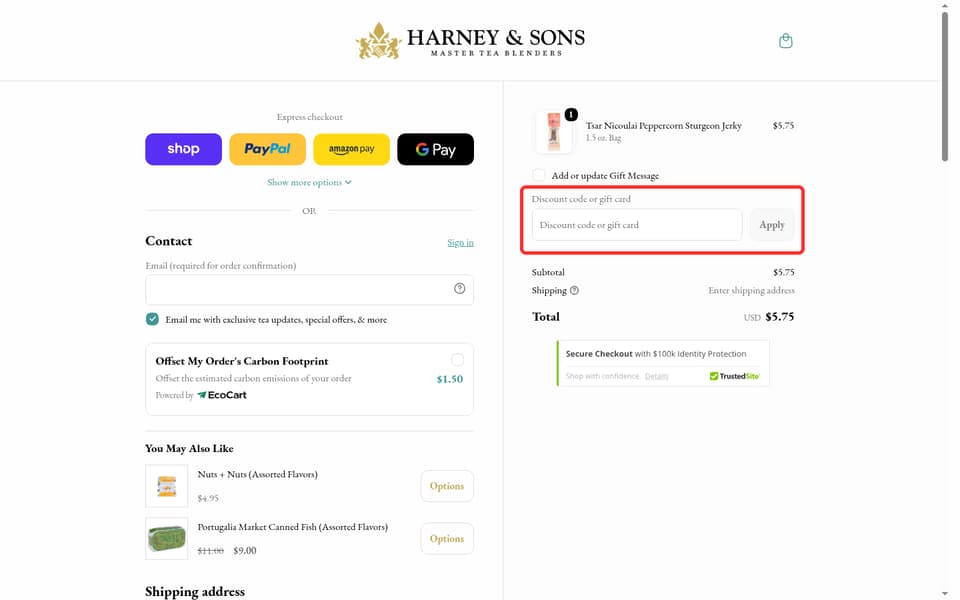 Harney & Sons checkout page showing the Discount code or gift card field and Apply button