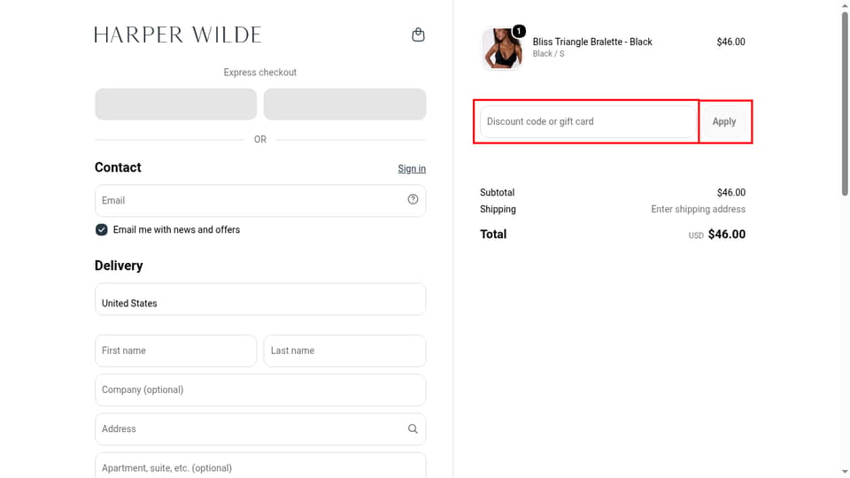 Harper Wilde checkout page showing the Discount code or gift card field and Apply button