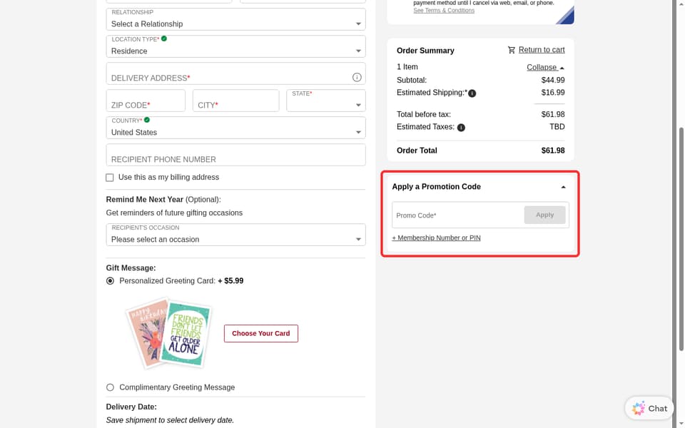 Harry & David checkout page showing the Promo Code* field and Apply button