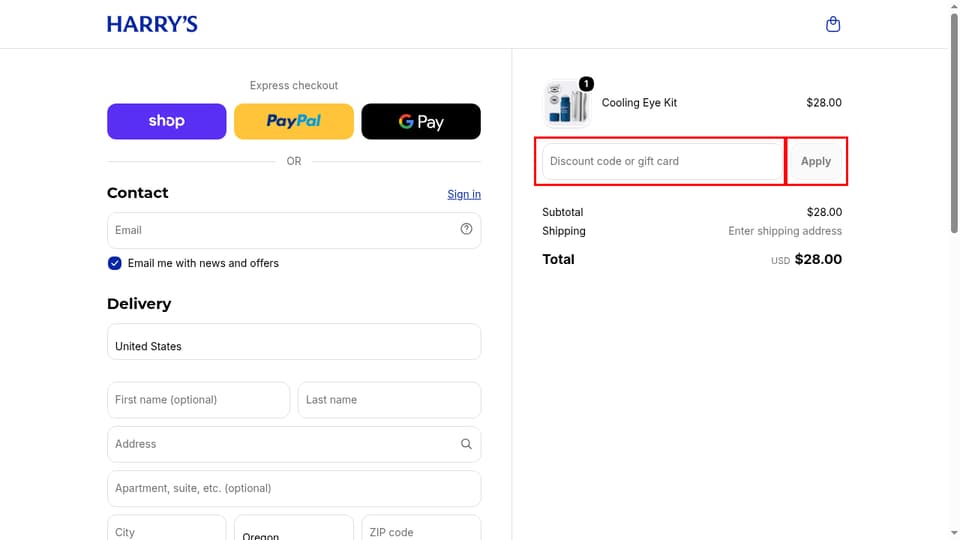 Harry's checkout page showing the Discount code or gift card field and Apply button