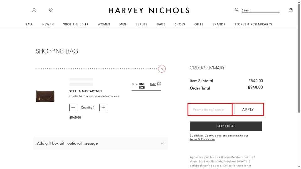 Harvey Nichols checkout page showing the Promotional code field and Apply button