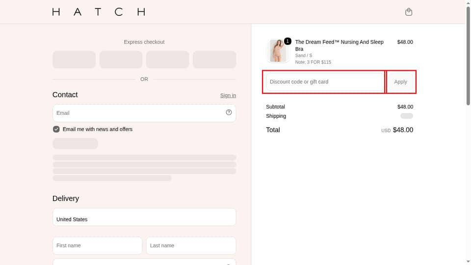 HATCH Collection checkout page showing the Discount code or gift card field and Apply button