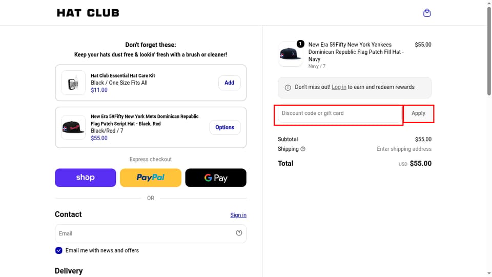 Hat Club checkout page showing the Discount code or gift card field and Apply button